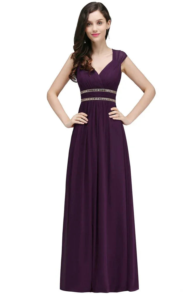 Abiti lunghi da sera color bordeaux in chiffon a tubino con scollo a V
