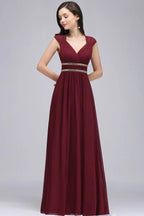Abiti lunghi da sera color bordeaux in chiffon a tubino con scollo a V