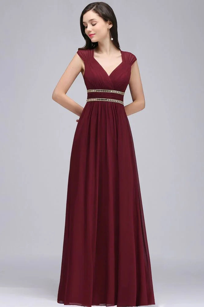 Abiti lunghi da sera color bordeaux in chiffon a tubino con scollo a V