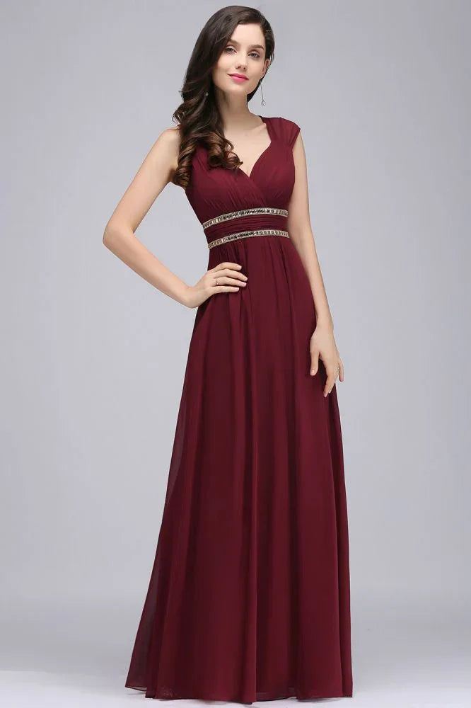 Abiti lunghi da sera color bordeaux in chiffon a tubino con scollo a V
