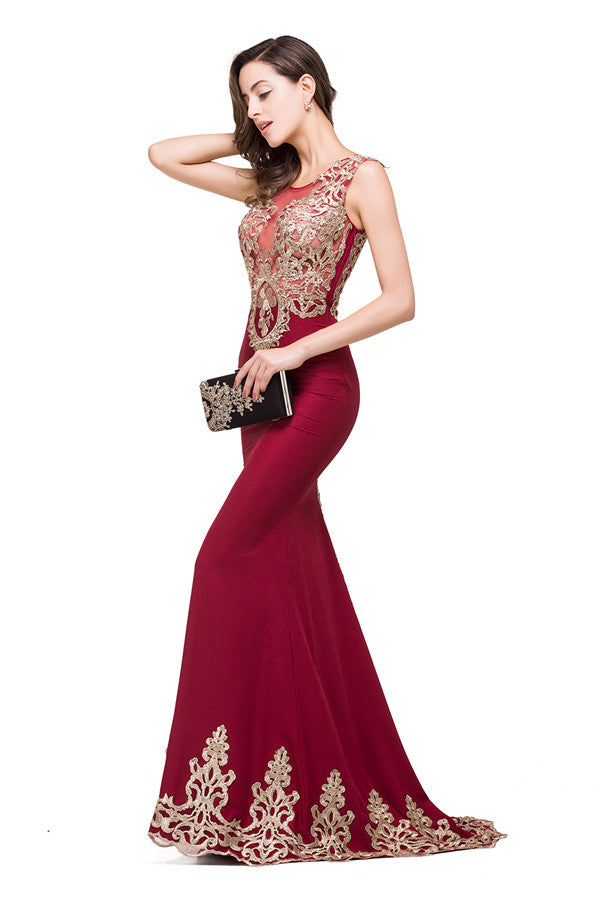 Abiti formali color bordeaux a sirena con lunghezza fino ai piedi e scollo rotondo