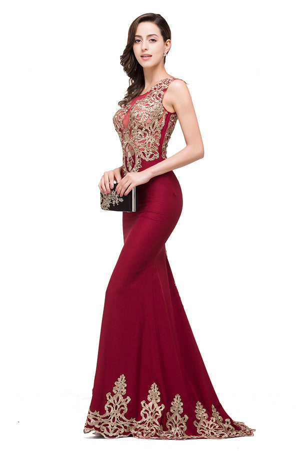 Abiti formali color bordeaux a sirena con lunghezza fino ai piedi e scollo rotondo