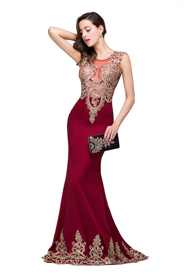 Abiti formali color bordeaux a sirena con lunghezza fino ai piedi e scollo rotondo