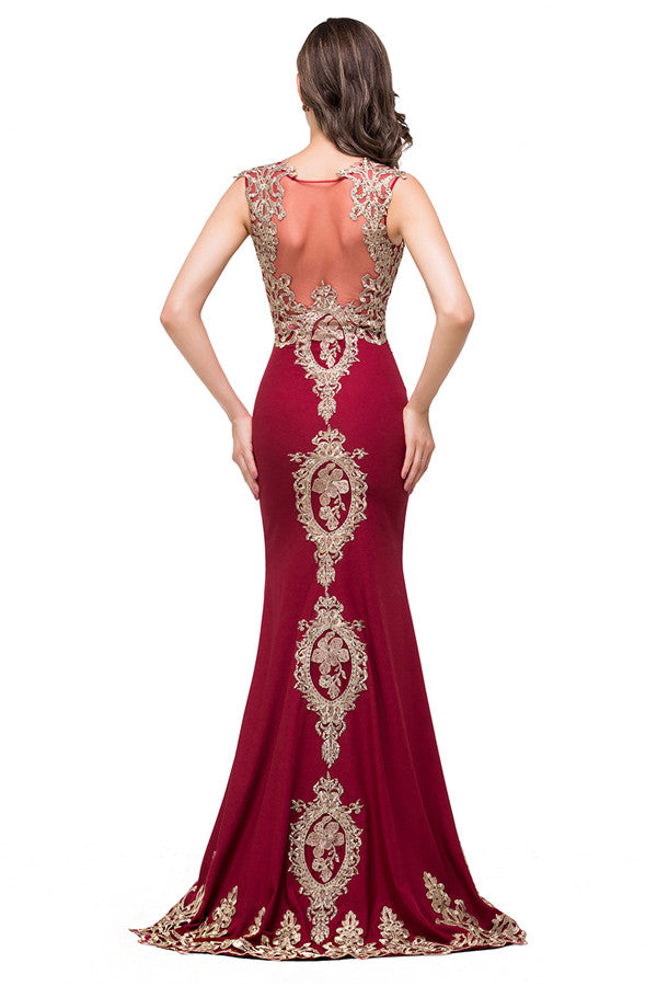 Abiti formali color bordeaux a sirena con lunghezza fino ai piedi e scollo rotondo