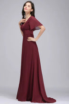 Abito da sera bordeaux lungo fino al pavimento, linea a trapezio, in chiffon
