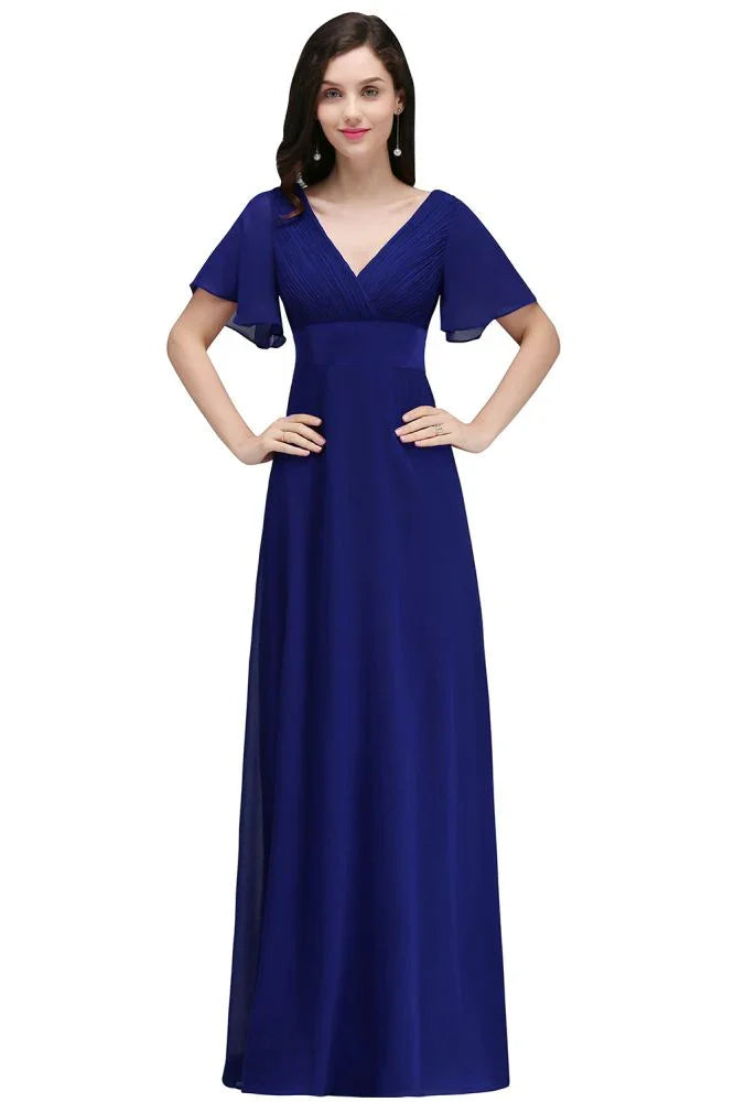 Abito da sera bordeaux lungo fino al pavimento, linea a trapezio, in chiffon