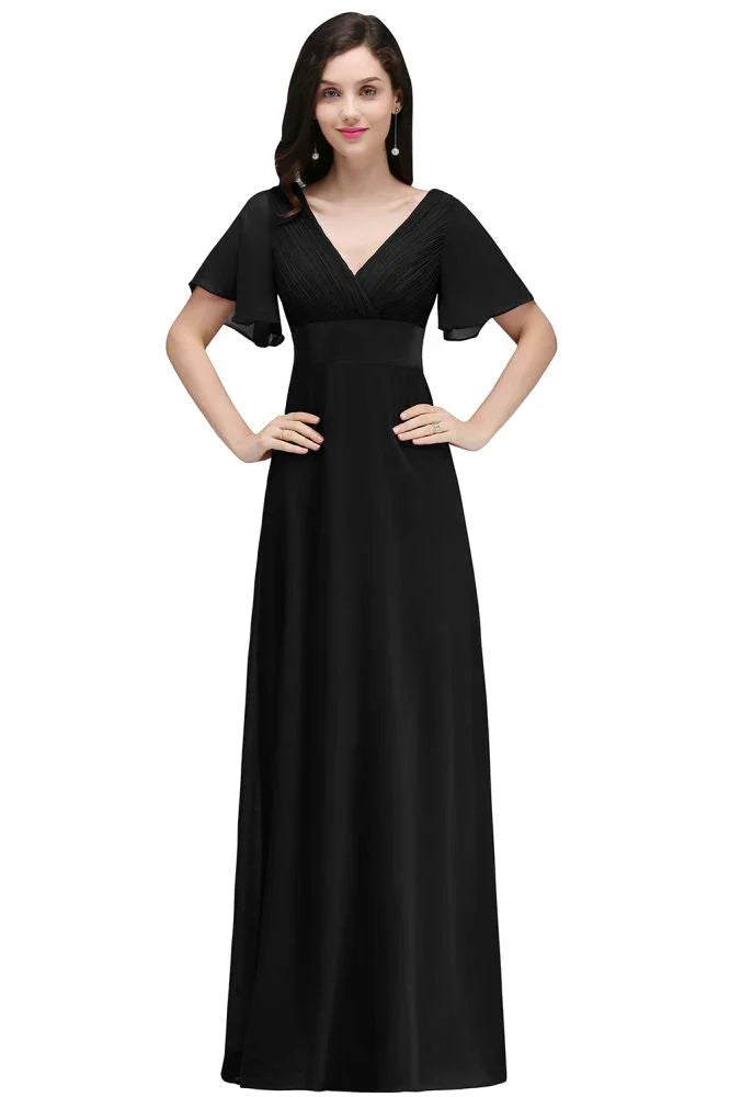 Abito da sera bordeaux lungo fino al pavimento, linea a trapezio, in chiffon