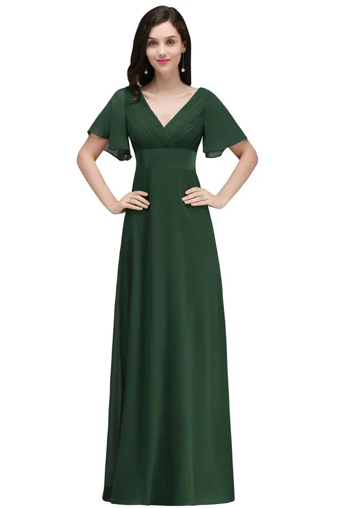 Abito da sera bordeaux lungo fino al pavimento, linea a trapezio, in chiffon