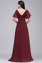 Abito da sera bordeaux lungo fino al pavimento, linea a trapezio, in chiffon