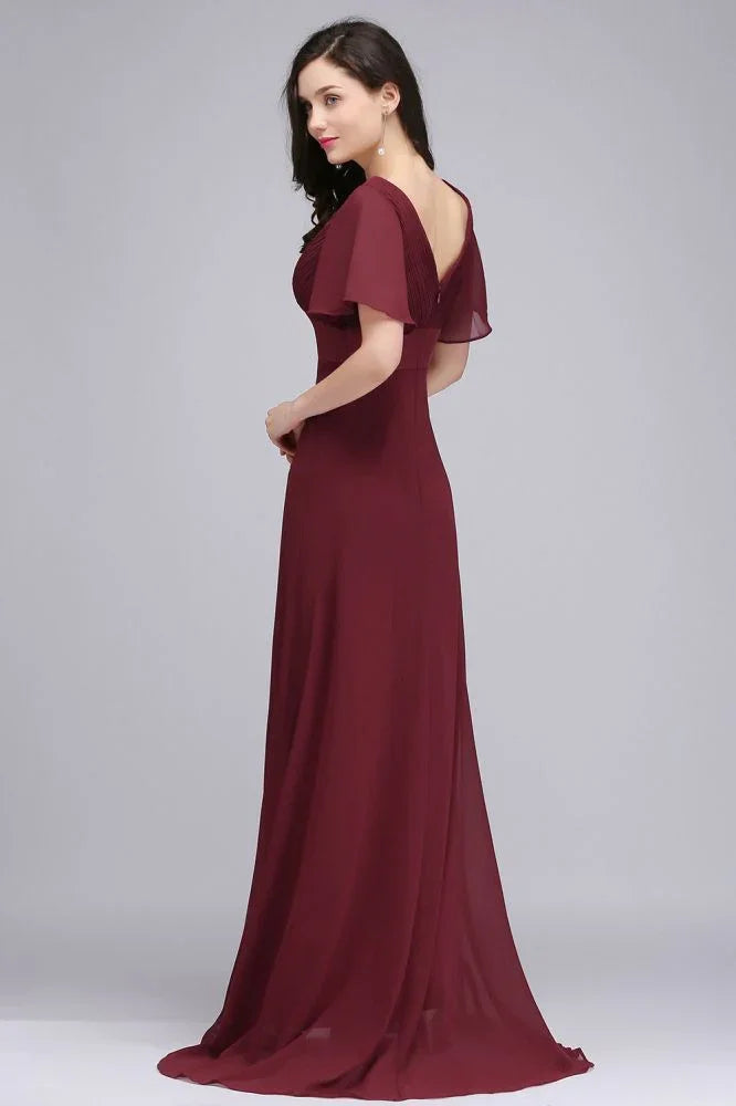 Abito da sera bordeaux lungo fino al pavimento, linea a trapezio, in chiffon
