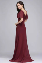 Abito da sera bordeaux lungo fino al pavimento, linea a trapezio, in chiffon