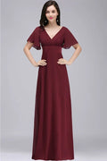 Abito da sera bordeaux lungo fino al pavimento, linea a trapezio, in chiffon