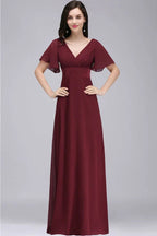 Abito da sera bordeaux lungo fino al pavimento, linea a trapezio, in chiffon