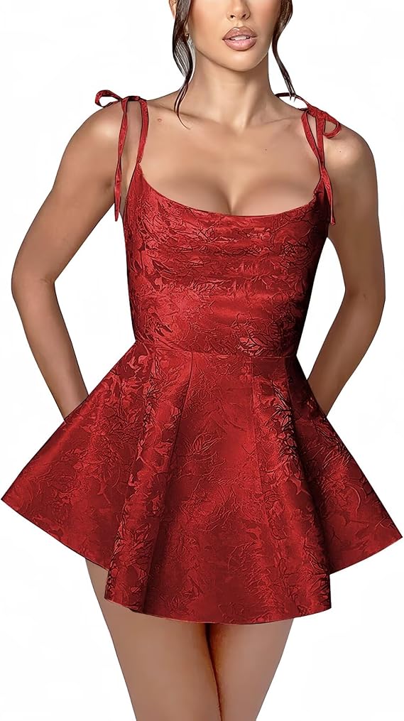 Robe courte trapèze pour bal de fin d'année à fines bretelles en satin sans manches Robe de fête en jacquard