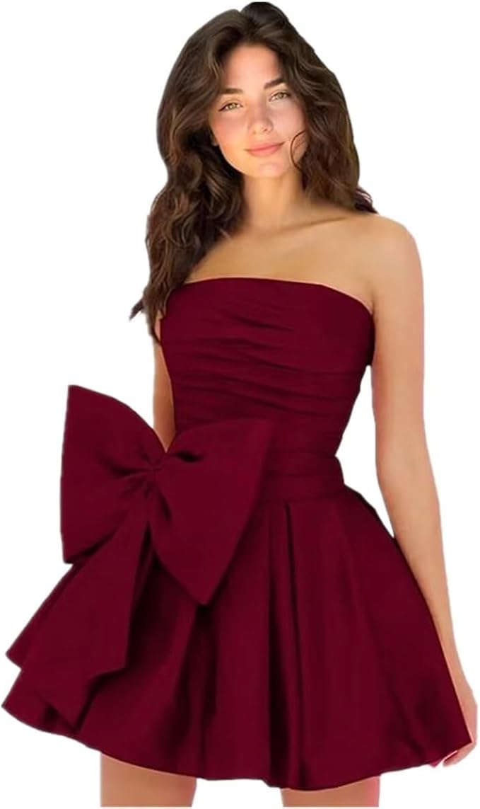 Vestidos de fiesta cortos y elegantes de corte A, sin mangas, sin tirantes, fruncidos, con cordones y lazo