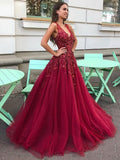 Robe de soirée formelle bordeaux longue en tulle à jupe évasée, col en V, dentelle florale pour bal de fin d'études