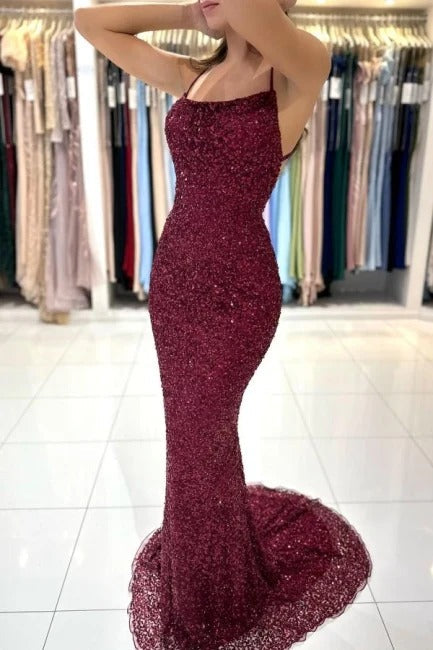 Vestidos de fiesta formales de sirena largos color burdeos con lentejuelas y espalda descubierta