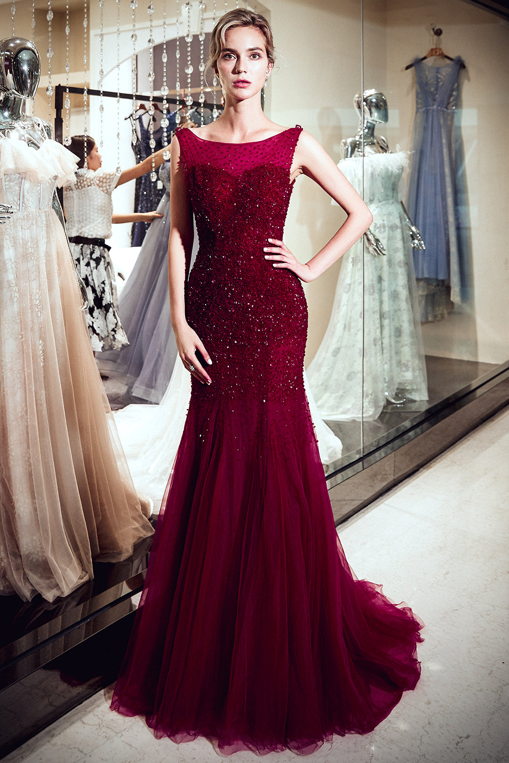 Abiti da sera lunghi color bordeaux a sirena in tulle con paillettes