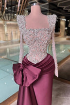 Burgundy Satin Mermaid Evening Gown Square Neck Silver Crystal Bodice