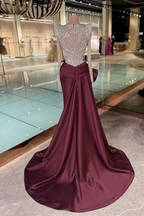 Burgundy Satin Mermaid Evening Gown Square Neck Silver Crystal Bodice
