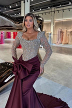Burgundy Satin Mermaid Evening Gown Square Neck Silver Crystal Bodice