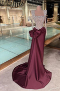 Burgundy Satin Mermaid Evening Gown Square Neck Silver Crystal Bodice