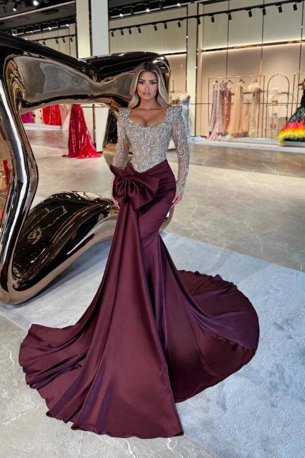 Burgundy Satin Mermaid Evening Gown Square Neck Silver Crystal Bodice