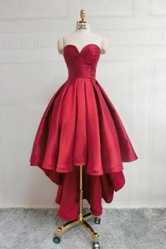 Burgundy Sweetheart Satin High Low Homecoming Dresses Short Prom Dress