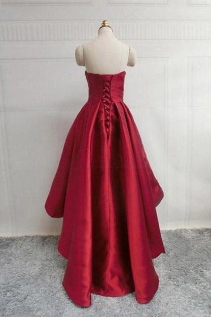 Burgundy Sweetheart Satin High Low Homecoming Dresses Short Prom Dress
