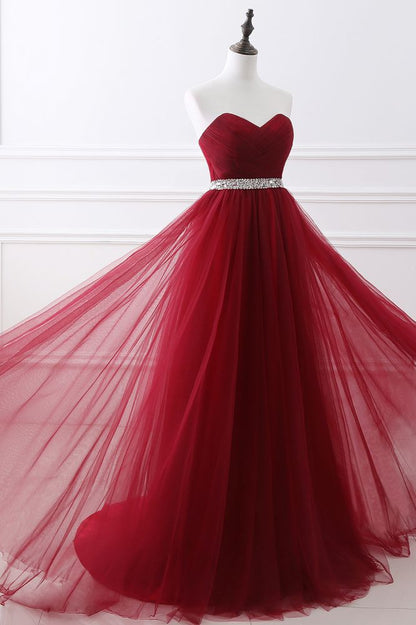 Burgundy Tulle A-line Sweetheart Prom Dress