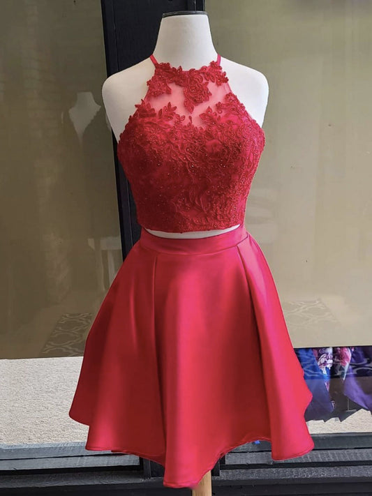 Burgunderrotes zweiteiliges A-Linien-Neckholder-Spitzen-Satin-Abschlussball-Heimkehrkleid