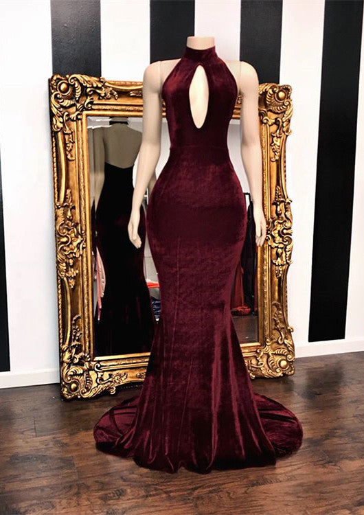 Vestidos de noche largos de sirena de terciopelo burdeos 