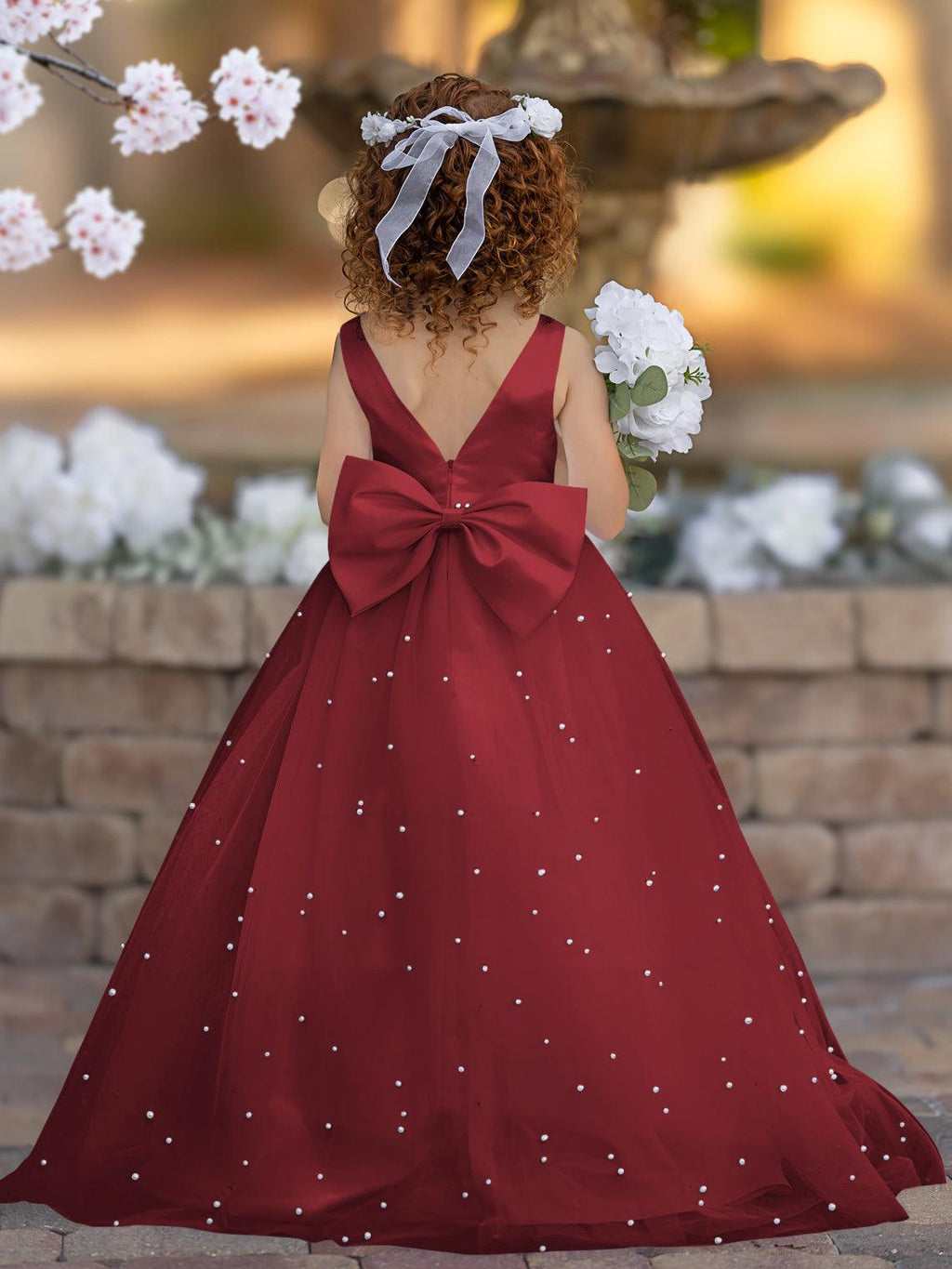Floor Length V Neck Satin Tulle Princess Flower Girl Dress