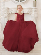 Elegant White Tulle Flower Girl Applique Lace Dress With Sweep Train