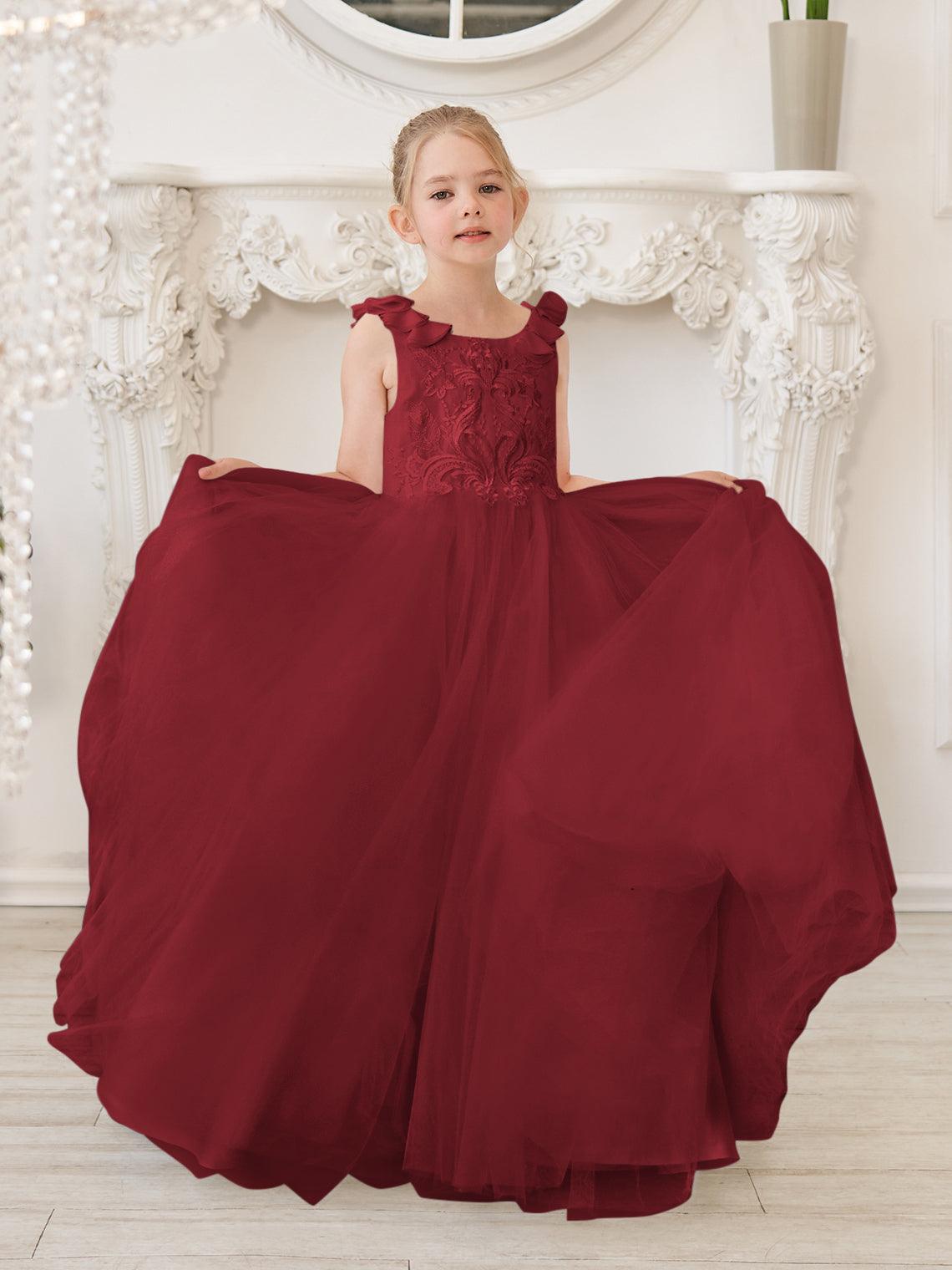Elegant White Tulle Flower Girl Applique Lace Dress With Sweep Train