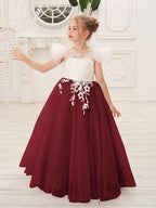 Detachable Lace Tulle Flower Girl Dress With Bow And Sweep Train