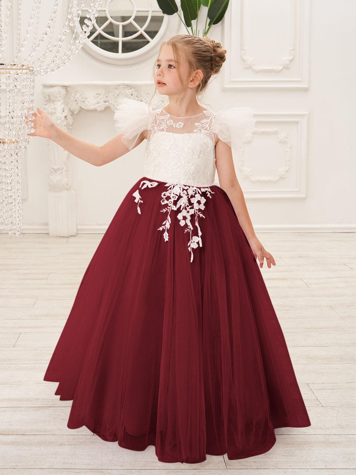 Detachable Lace Tulle Flower Girl Dress With Bow And Sweep Train