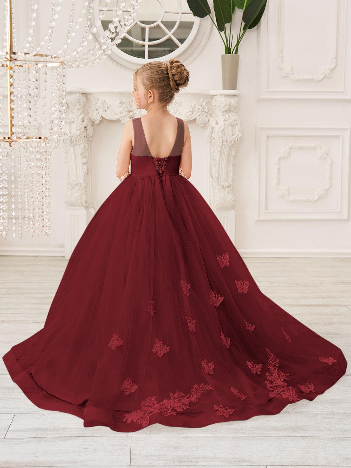 Elegant Sleeveless Tulle Flower Girl Dress With Applique Lace And Sweep Train