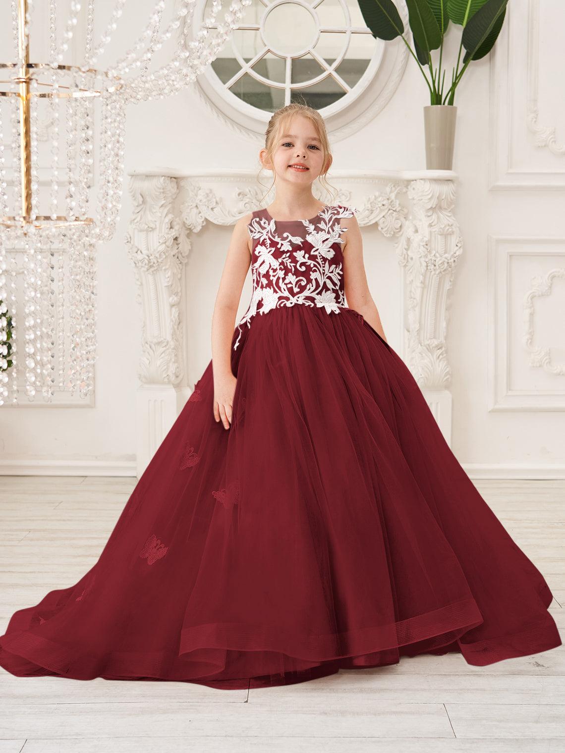 Elegant Sleeveless Tulle Flower Girl Dress With Applique Lace And Sweep Train