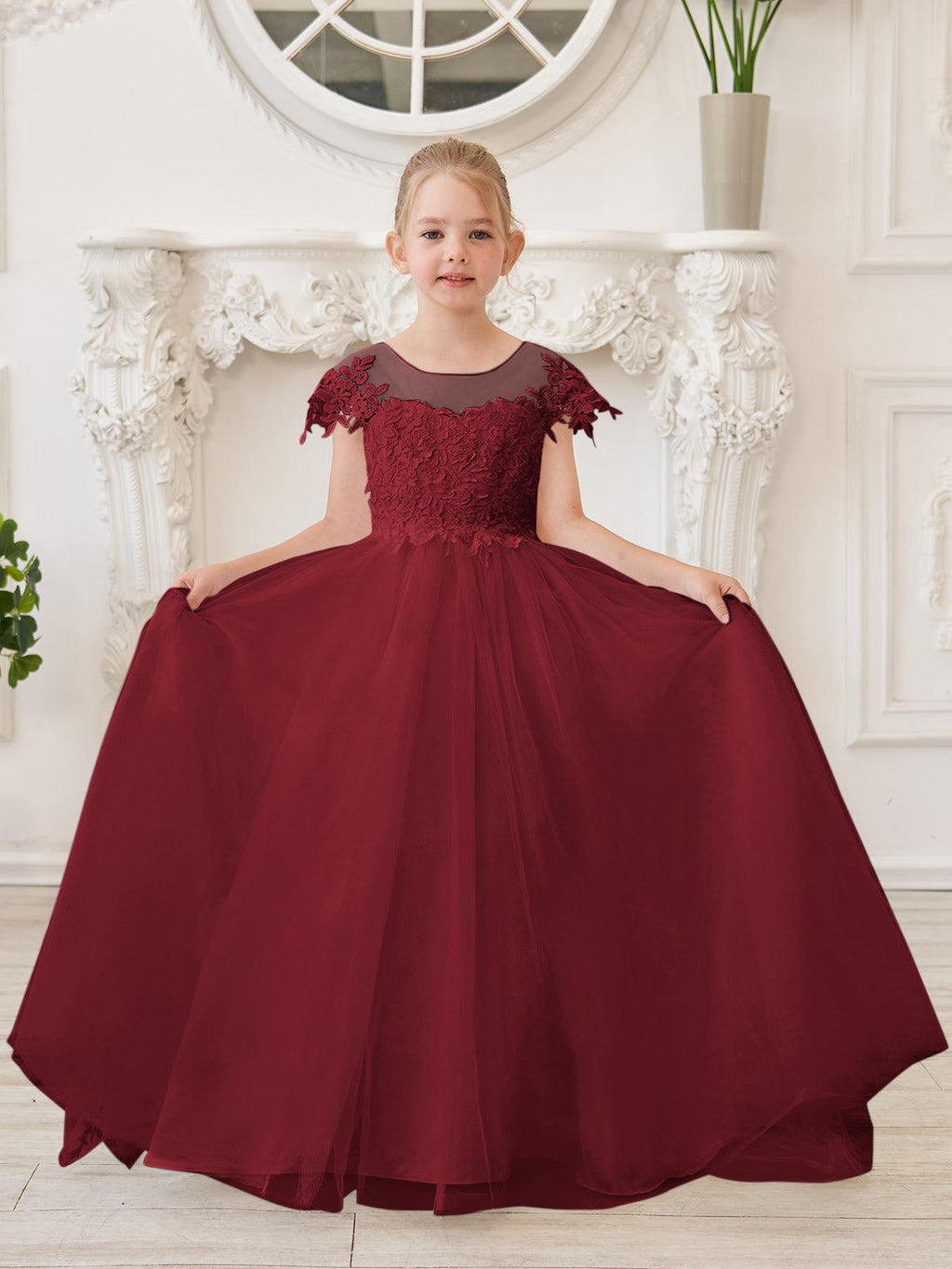 Ivory Lace Tulle First Communion Flower Girl Dress With Detachable Train