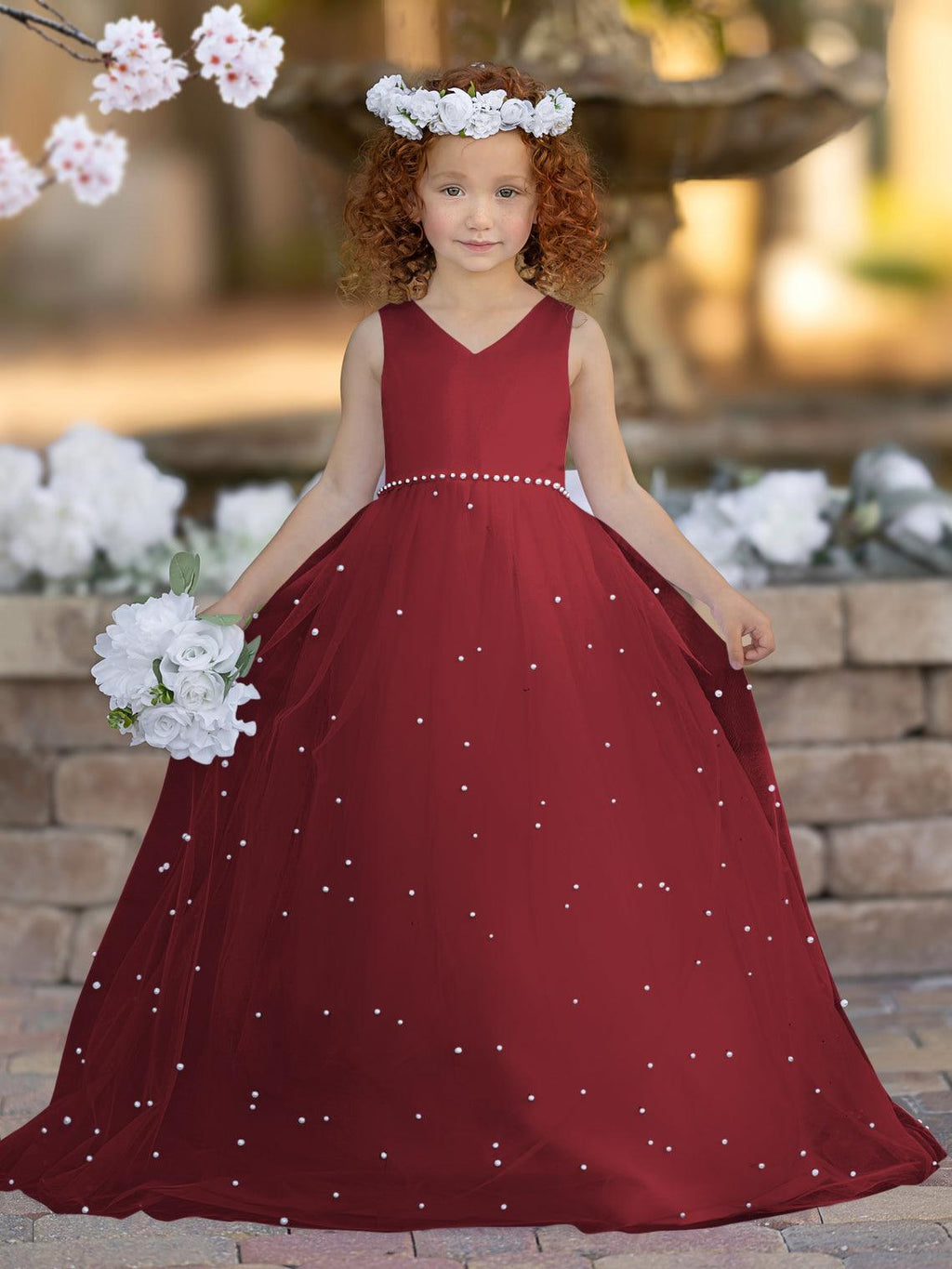 Floor Length V Neck Satin Tulle Princess Flower Girl Dress