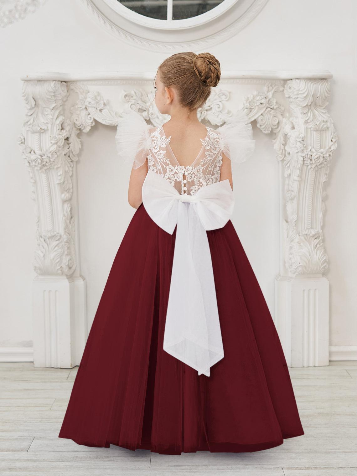 Detachable Lace Tulle Flower Girl Dress With Bow And Sweep Train