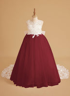 Sleeveless Princess Flower Girl Dress With Detachable Train And Beaded Lace