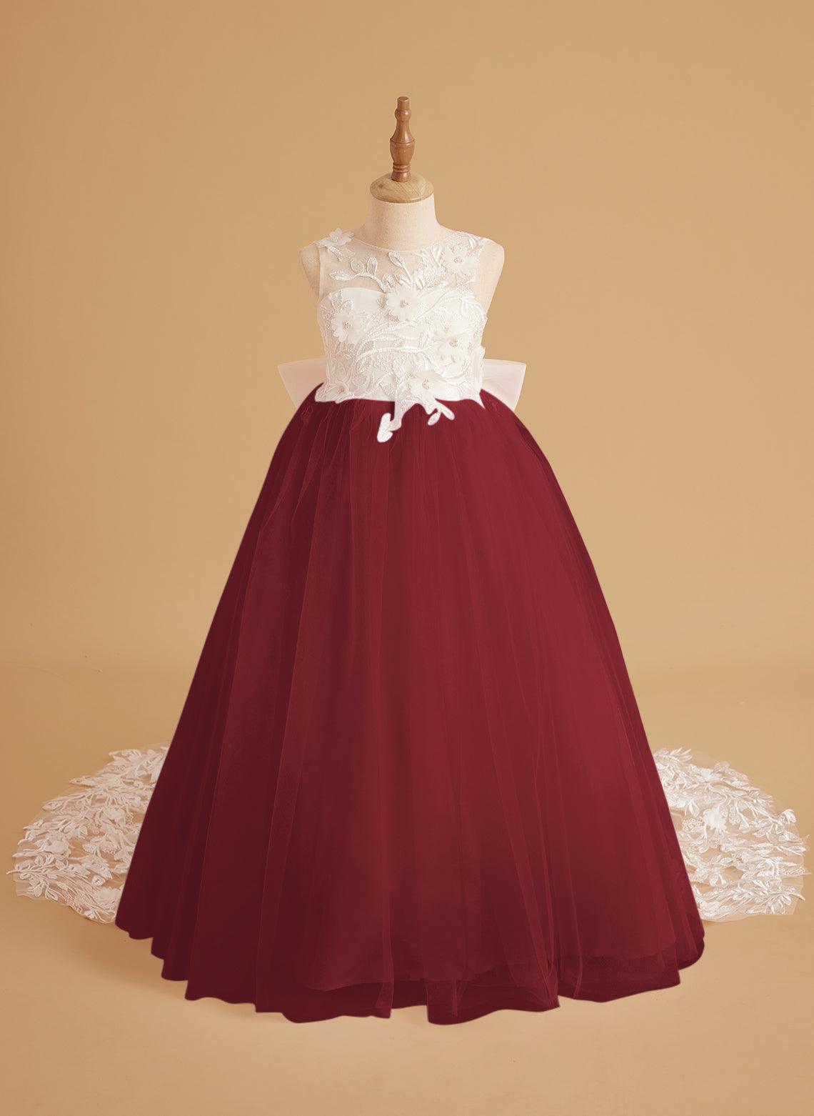 Sleeveless Princess Flower Girl Dress With Detachable Train And Beaded Lace