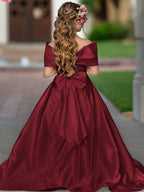 Ivory Satin Flower Girl Princess Ball Gown With Sweep Train And Bow Trim