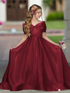 Ivory Satin Flower Girl Princess Ball Gown With Sweep Train And Bow Trim
