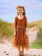 NumberSea - Burnt Orange Lace Tulle Embroidered Ankle Length Flower Girl Dress