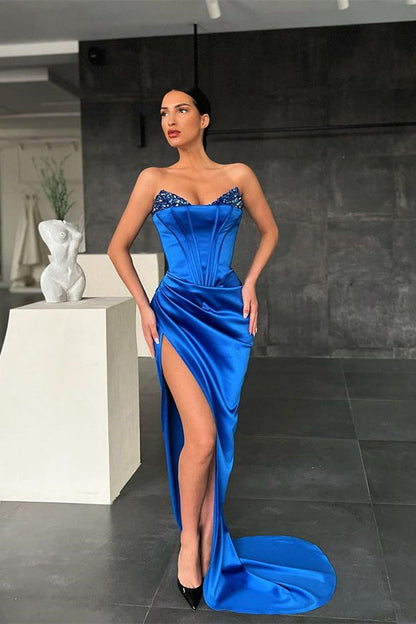 Royal Blue Long Mermaid Sweetheart Satin Prom Dress with Split