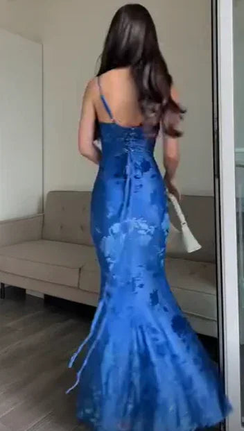 Vestido Longo de Noite Encantador com Estampa de Sereia Azul Vestido de Baile Y7490