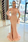 Long Sleeves Mermaid One Shoulder Sequins Prom Dress with Slit